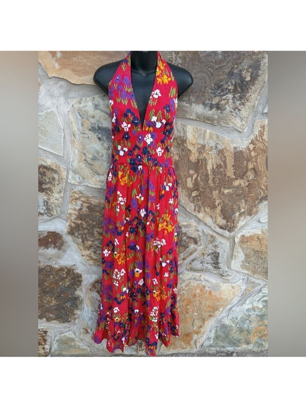 Vintage 70s 1970s Retro Hippie BoHo Floral polkadots Halter Maxi Dress